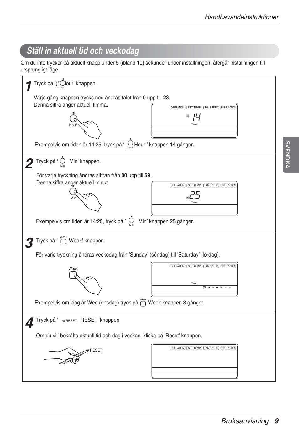 Ställ in aktuell tid och veckodag, Bruksanvisning 9, Handhavandeinstruktioner | Svendka | LG MT12AH User Manual | Page 377 / 480