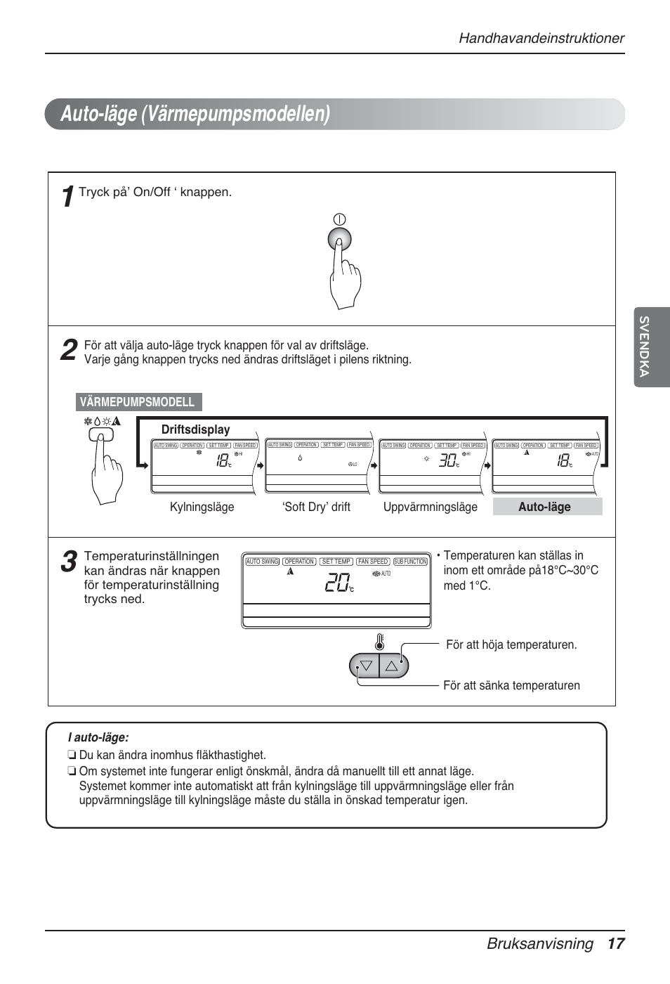 Auto-läge (värmepumpsmodellen), Bruksanvisning 17, Handhavandeinstruktioner | Svendka, Värmepumpsmodell driftsdisplay, Tryck påʼ on/off ʻ knappen | LG MT12AH User Manual | Page 385 / 480