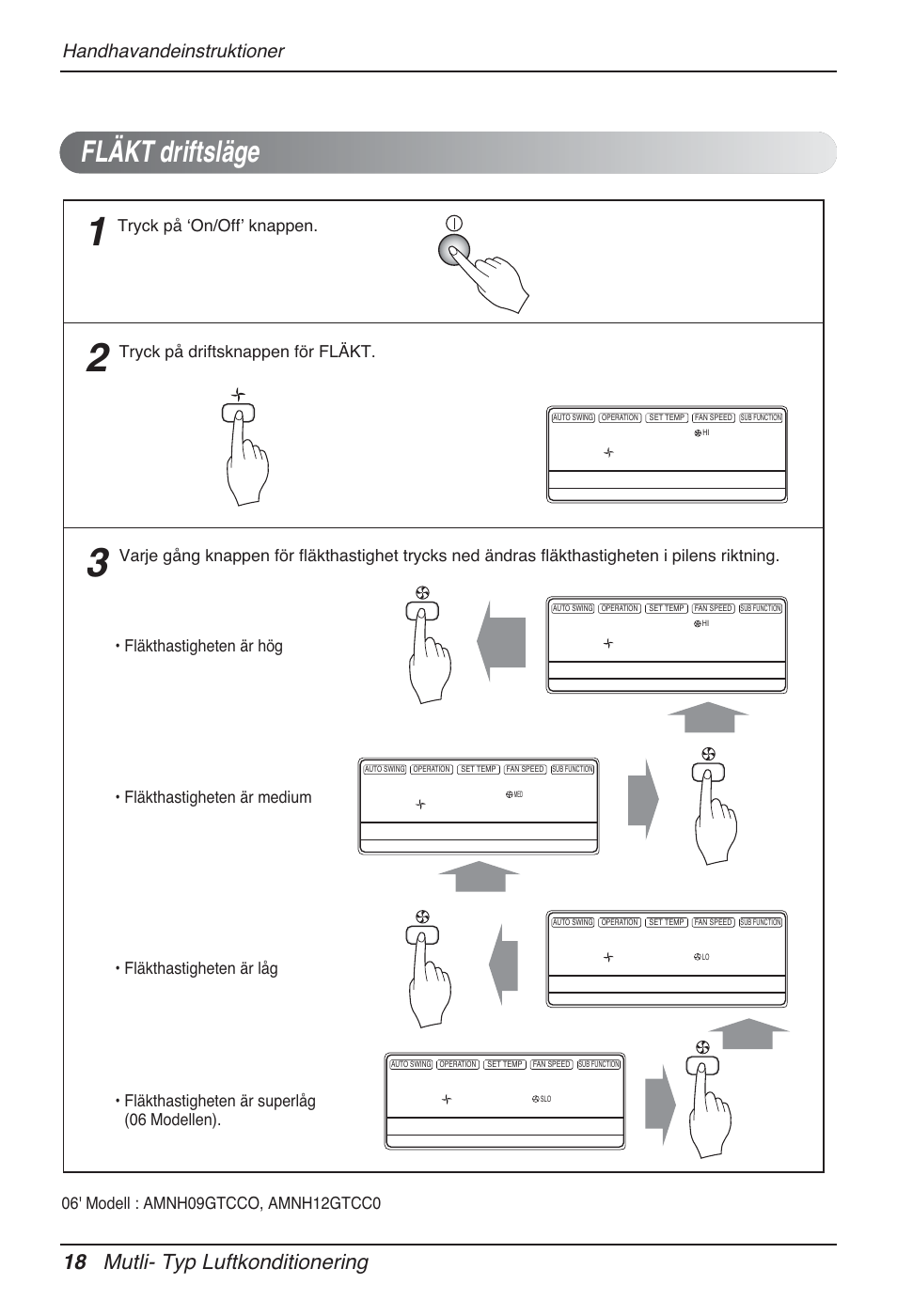 Fläkt driftsläge, 18 mutli- typ luftkonditionering, Handhavandeinstruktioner | Tryck på ʻon/offʼ knappen | LG MT12AH User Manual | Page 386 / 480