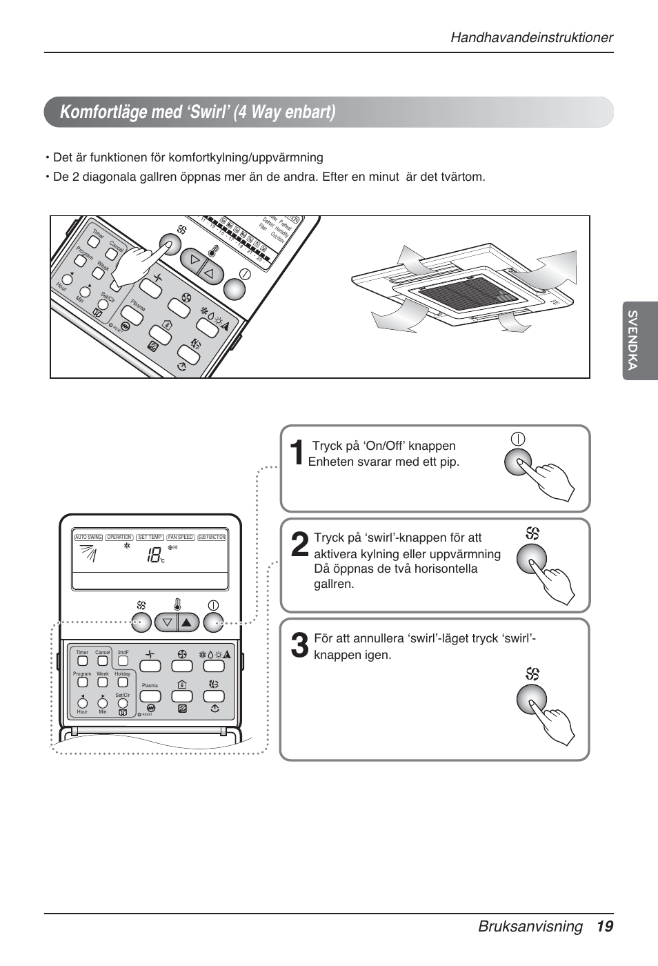 Komfortläge med ʻswirlʼ (4 way enbart), Bruksanvisning 19, Handhavandeinstruktioner | Svendka | LG MT12AH User Manual | Page 387 / 480