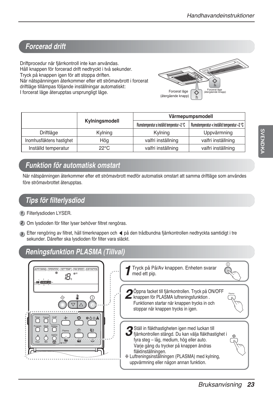 Bruksanvisning 23, Handhavandeinstruktioner, Svendka | Tryck på på/av knappen. enheten svarar med ett pip | LG MT12AH User Manual | Page 391 / 480