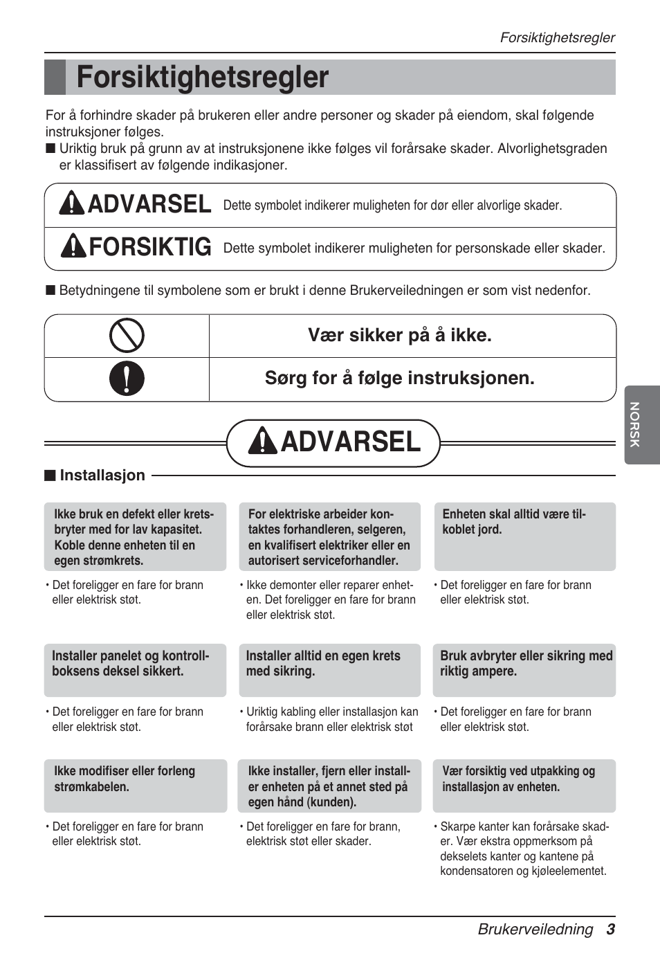 Forsiktighetsregler, Advarsel, Advarsel forsiktig | LG MT12AH User Manual | Page 399 / 480