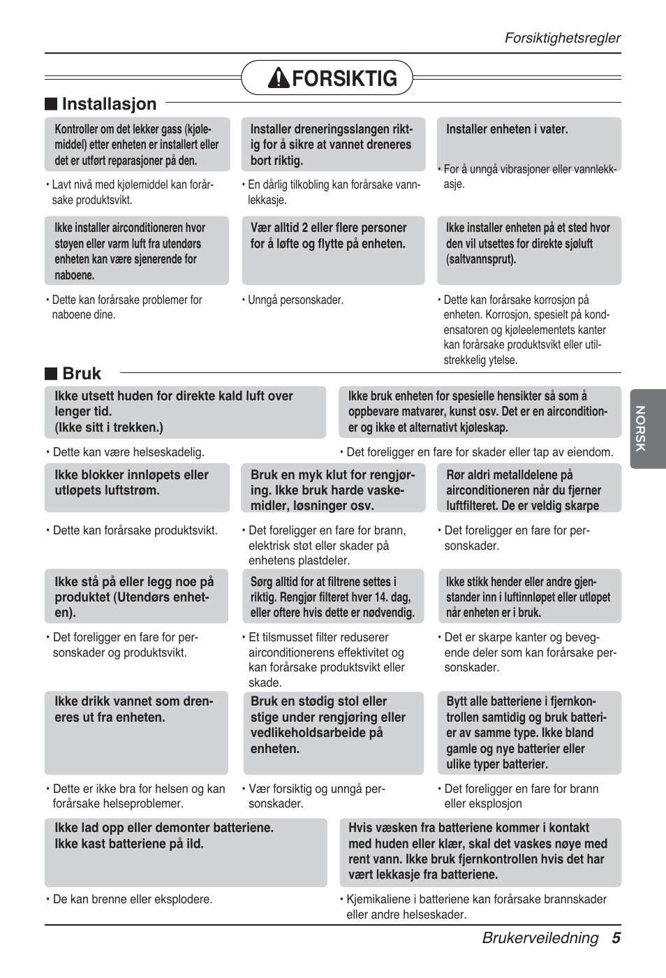 Forsiktig, N installasjon, N bruk | Brukerveiledning 5 | LG MT12AH User Manual | Page 401 / 480