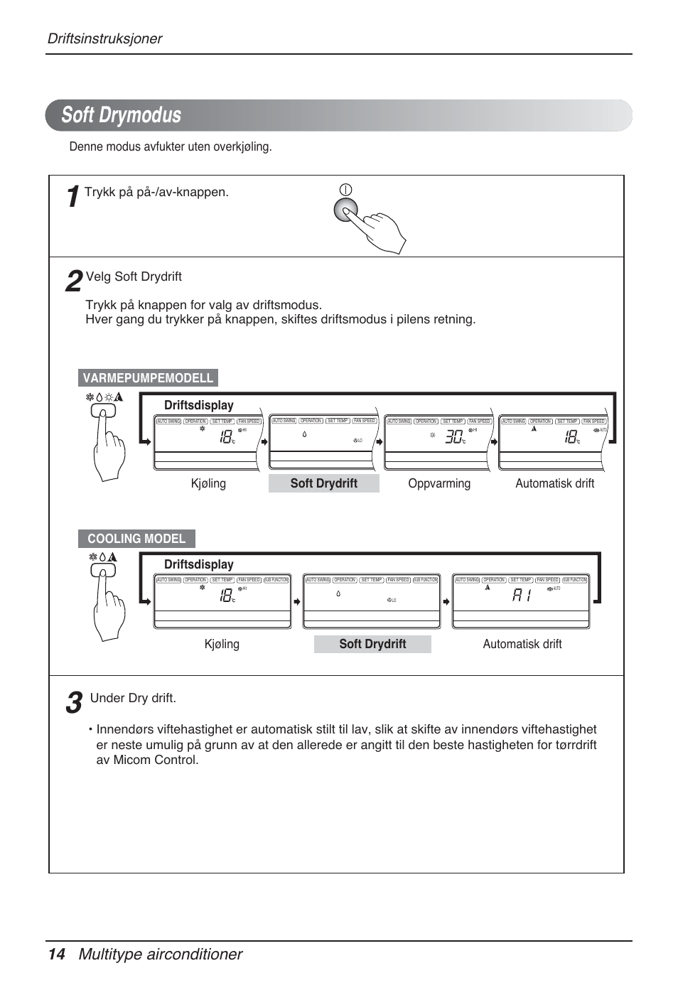 Soft drymodus, 14 multitype airconditioner, Driftsinstruksjoner | Driftsdisplay | LG MT12AH User Manual | Page 410 / 480