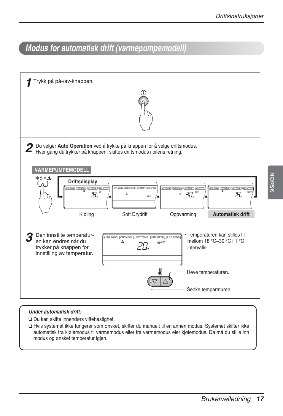 Modus for automatisk drift (varmepumpemodell), Brukerveiledning 17, Driftsinstruksjoner | Norsk, Heve temperaturen. senke temperaturen, Trykk på på-/av-knappen | LG MT12AH User Manual | Page 413 / 480