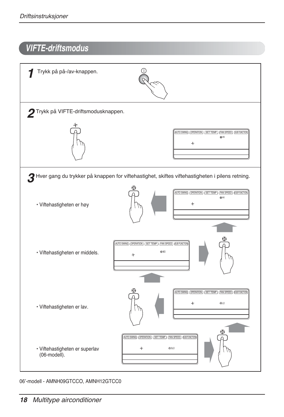 Vifte-driftsmodus, 18 multitype airconditioner, Driftsinstruksjoner | Trykk på på-/av-knappen | LG MT12AH User Manual | Page 414 / 480