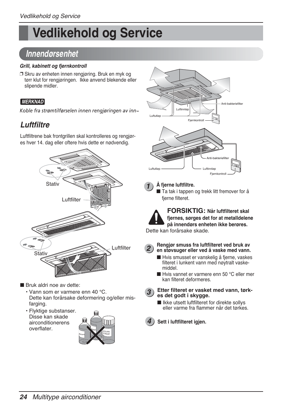 Innendørsenhet, Luftfiltre, 24 multitype airconditioner | Forsiktig, Vedlikehold og service | LG MT12AH User Manual | Page 420 / 480