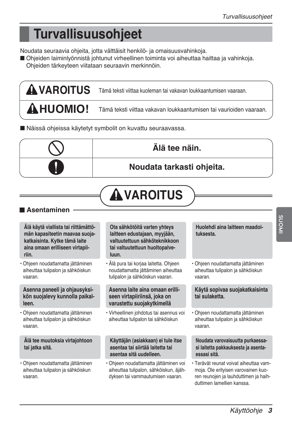 Turvallisuusohjeet, Varoitus, Varoitus huomio | Älä tee näin. noudata tarkasti ohjeita | LG MT12AH User Manual | Page 427 / 480