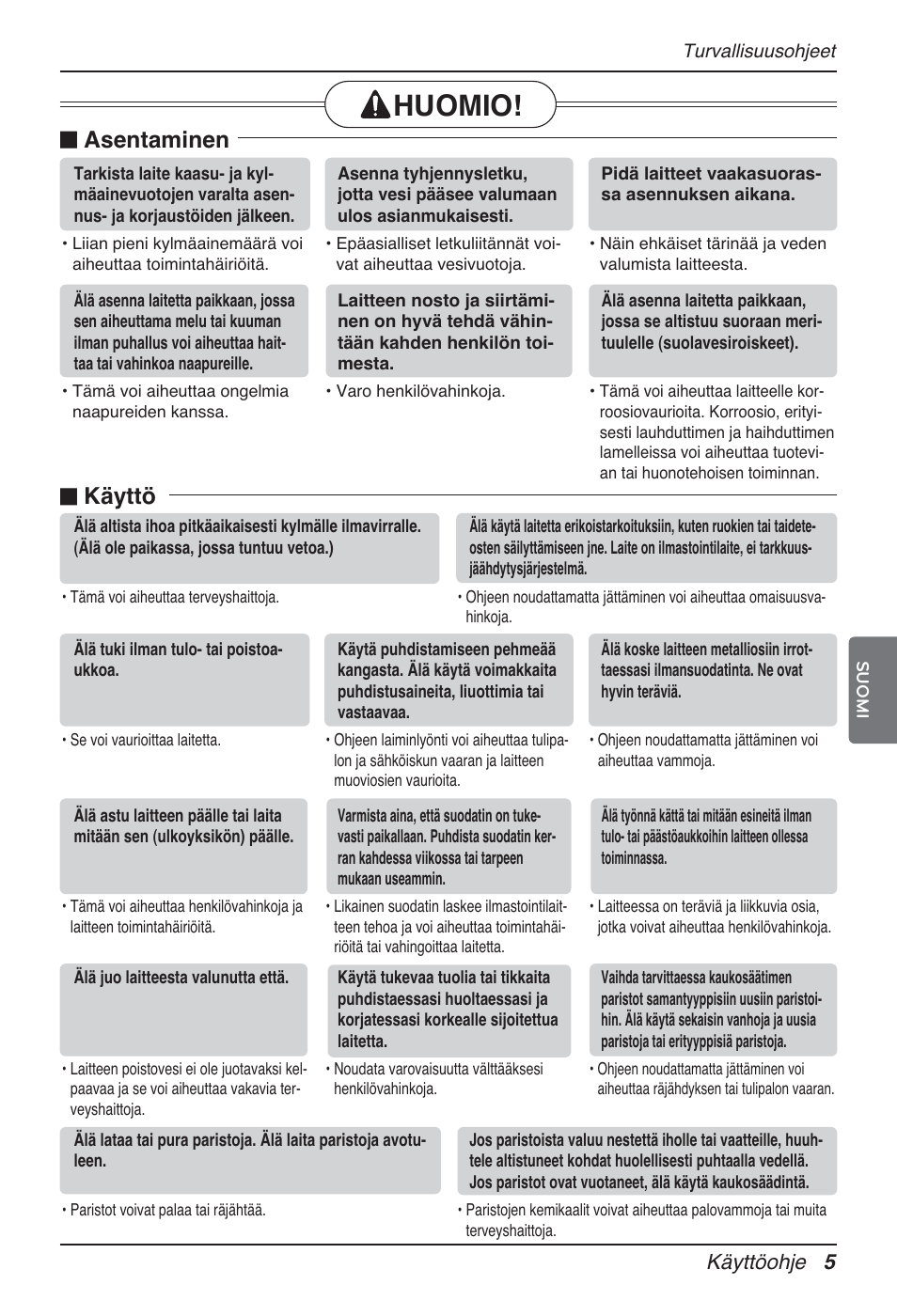 Huomio, N asentaminen, N käyttö | Käyttöohje 5 | LG MT12AH User Manual | Page 429 / 480