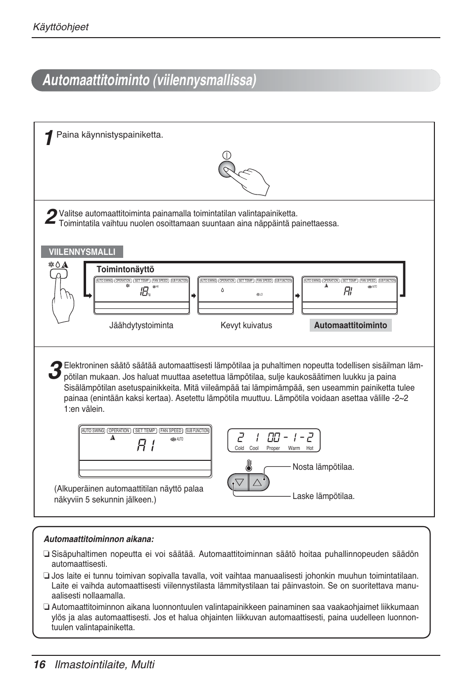 Automaattitoiminto (viilennysmallissa), 16 ilmastointilaite, multi, Käyttöohjeet | Toimintonäyttö nosta lämpötilaa. laske lämpötilaa, Paina käynnistyspainiketta | LG MT12AH User Manual | Page 440 / 480