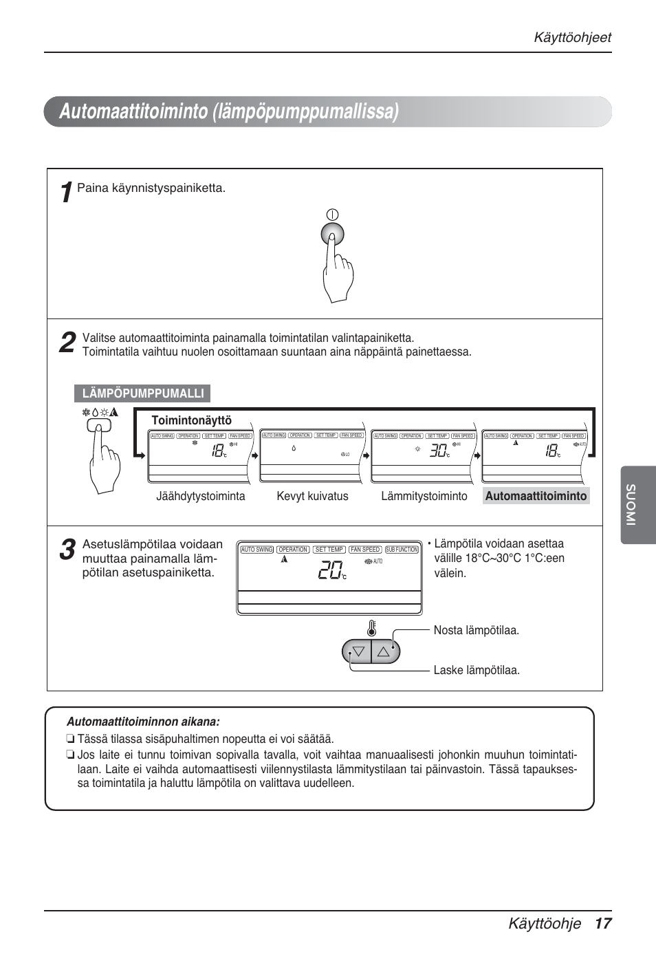 Automaattitoiminto (lämpöpumppumallissa), Käyttöohje 17, Käyttöohjeet | Suomi, Nosta lämpötilaa. laske lämpötilaa, Paina käynnistyspainiketta | LG MT12AH User Manual | Page 441 / 480