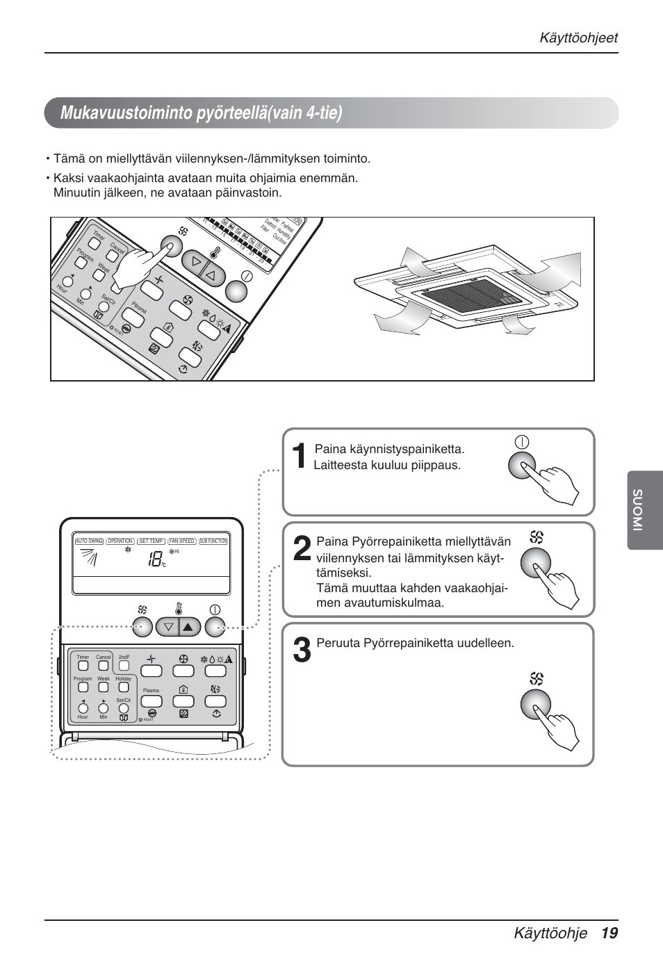 Mukavuustoiminto pyörteellä(vain 4-tie), Käyttöohje 19, Käyttöohjeet | Suomi, Peruuta pyörrepainiketta uudelleen | LG MT12AH User Manual | Page 443 / 480