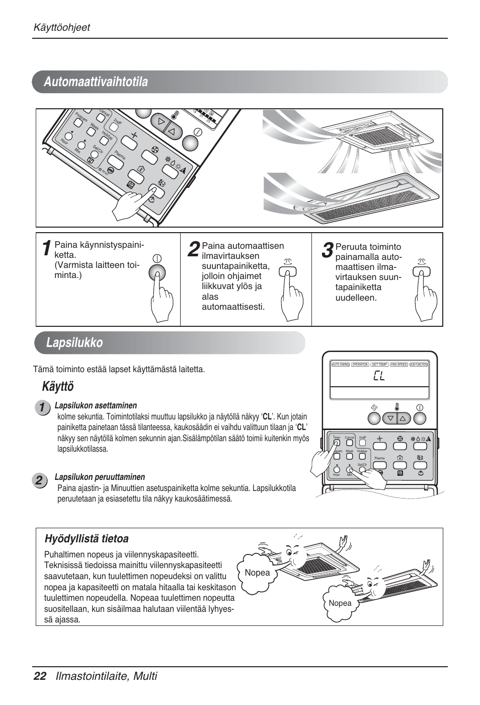 Lapsilukko, Käyttö, Automaattivaihtotila | 22 ilmastointilaite, multi, Hyödyllistä tietoa, Käyttöohjeet, Nopea | LG MT12AH User Manual | Page 446 / 480