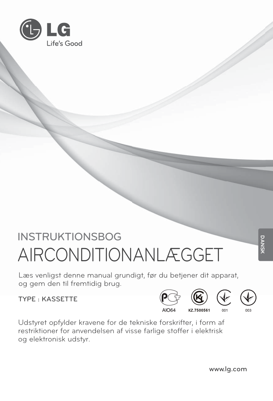 Dansk, Airconditionanlægget, Instruktionsbog | LG MT12AH User Manual | Page 453 / 480