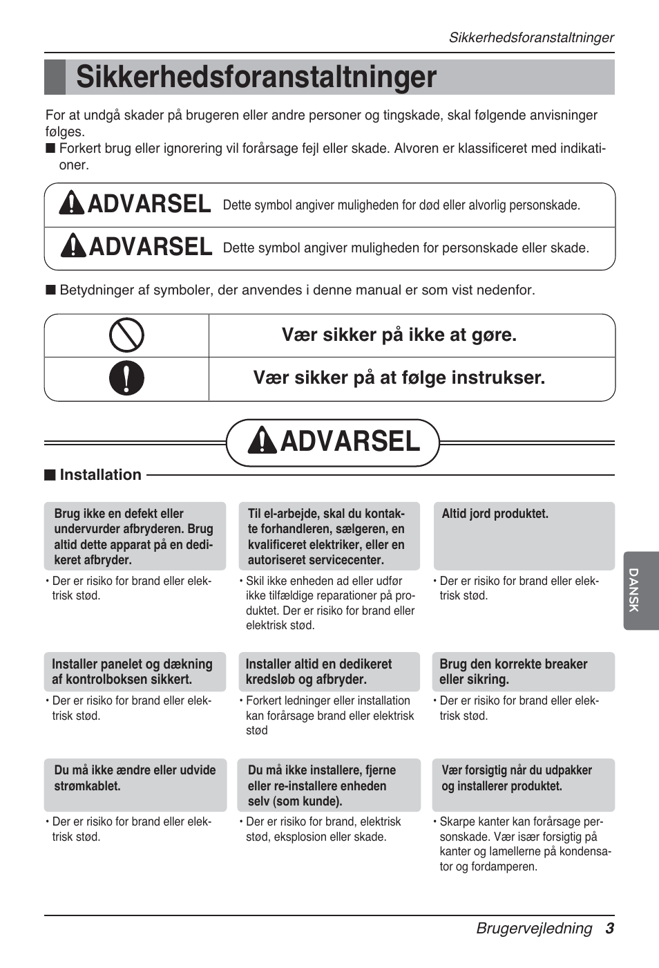 Sikkerhedsforanstaltninger, Advarsel | LG MT12AH User Manual | Page 455 / 480