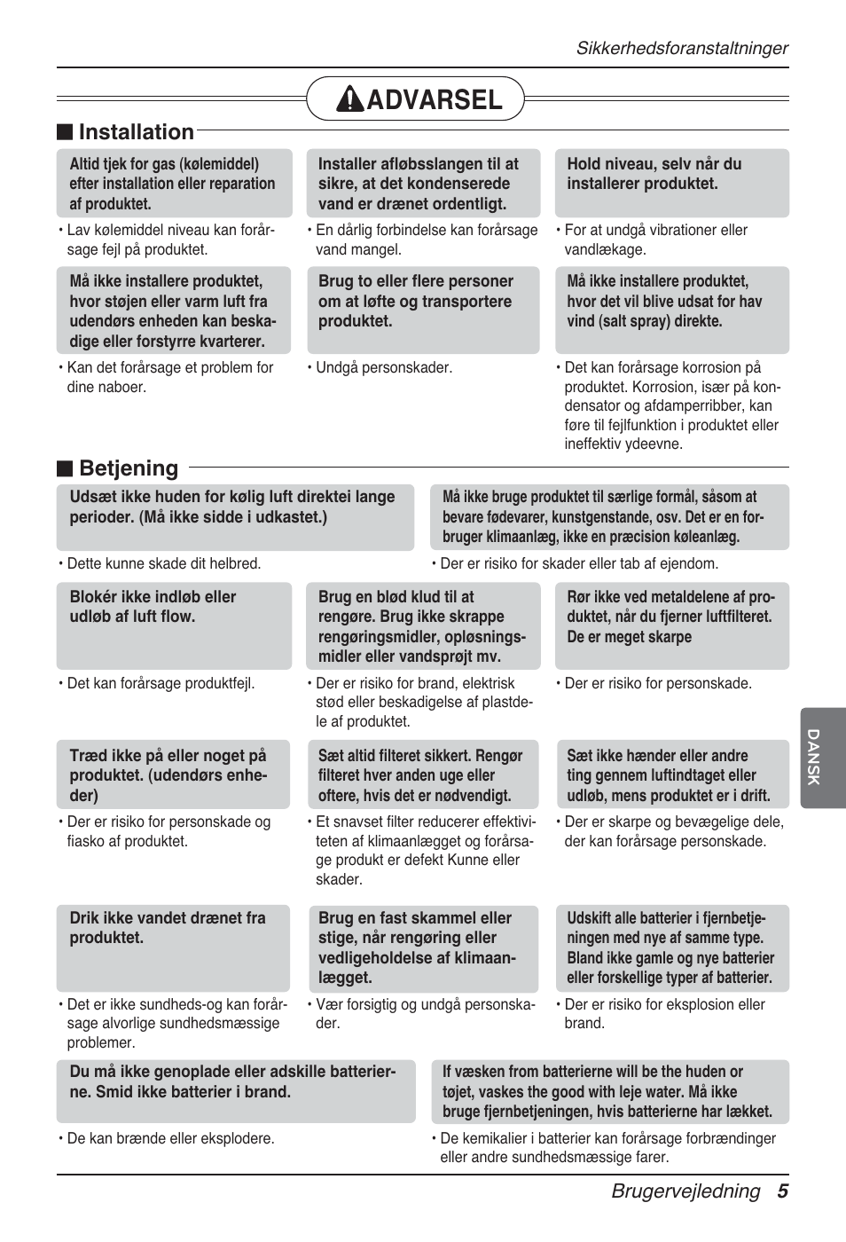 Advarsel, N installation, N betjening | Brugervejledning 5 | LG MT12AH User Manual | Page 457 / 480