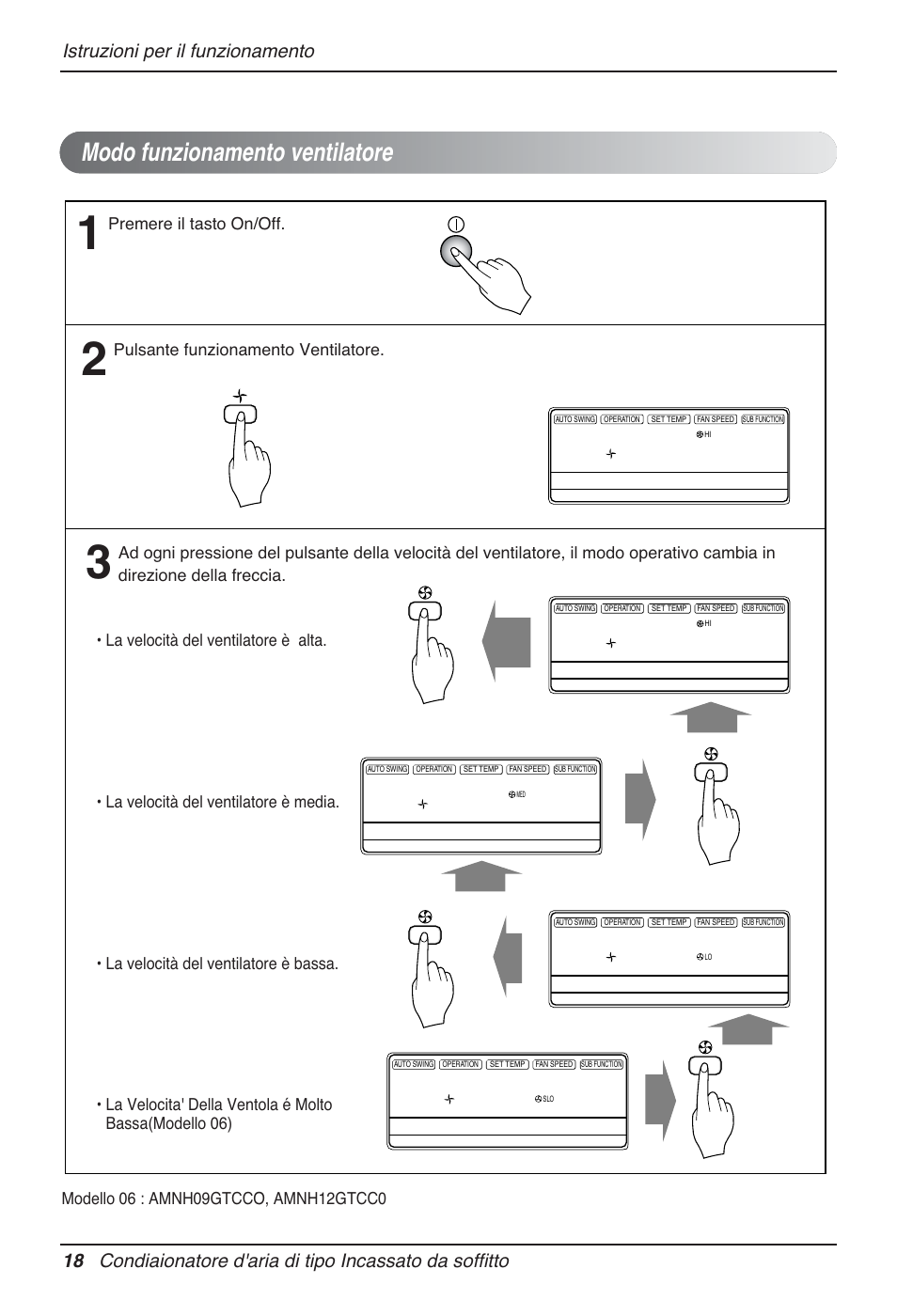 Modo funzionamento ventilatore, Premere il tasto on/off, Pulsante funzionamento ventilatore | LG MT12AH User Manual | Page 46 / 480