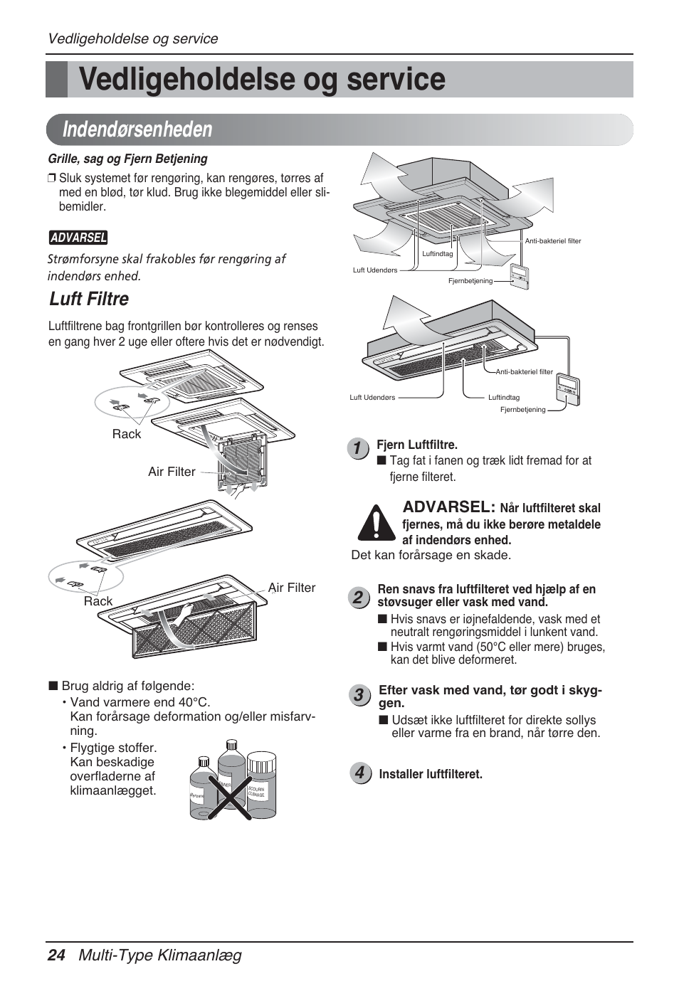 Indendørsenheden, Luft filtre, 24 multi-type klimaanlæg | Advarsel, Vedligeholdelse og service | LG MT12AH User Manual | Page 476 / 480