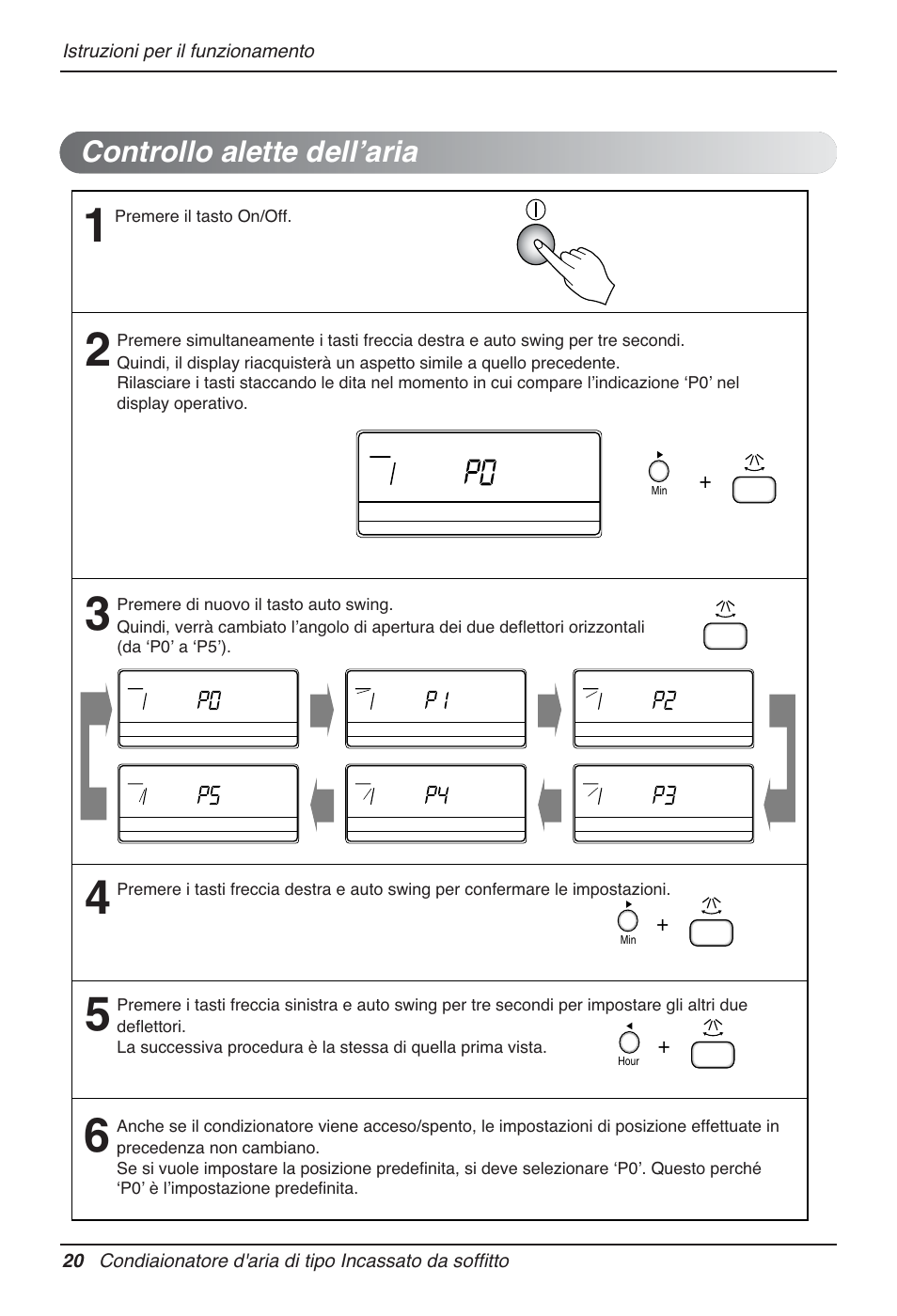 Controllo alette dellʼaria, Premere il tasto on/off, Hour | LG MT12AH User Manual | Page 48 / 480