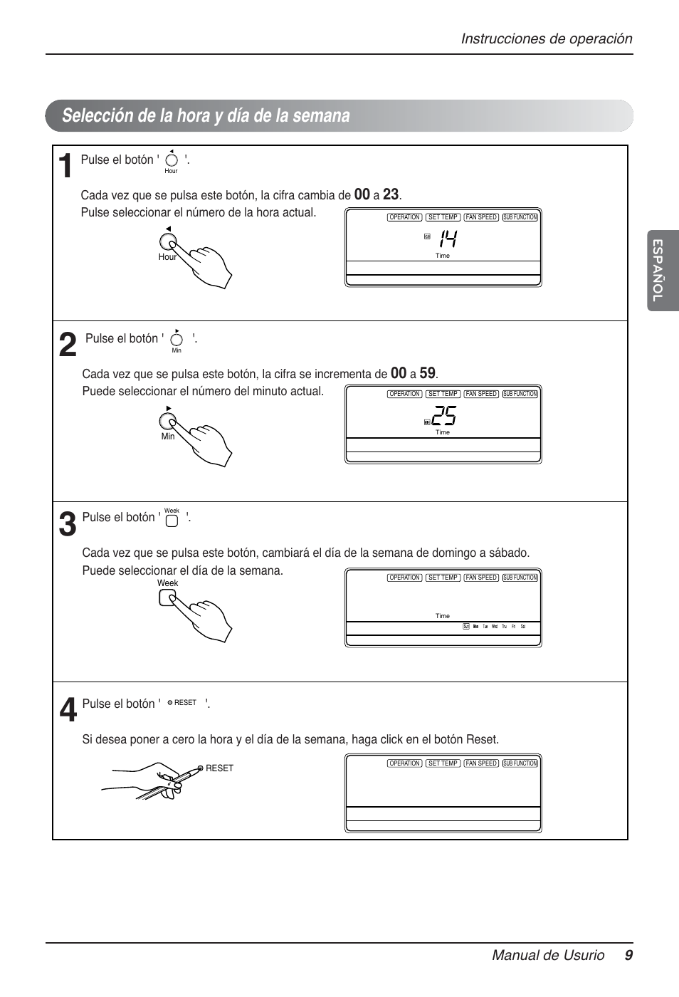 Selección de la hora y día de la semana, Instrucciones de operación manual de usurio 9, Español | Pulse seleccionar el número de la hora actual, Puede seleccionar el número del minuto actual | LG MT12AH User Manual | Page 65 / 480