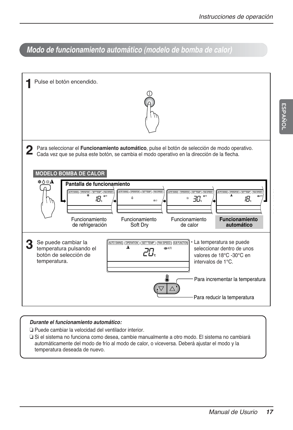 Instrucciones de operación manual de usurio 17, Español, Pulse el botón encendido | LG MT12AH User Manual | Page 73 / 480