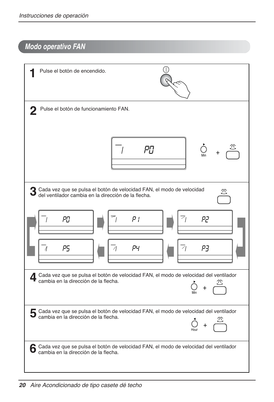 Modo operativo fan, Pulse el botón de encendido, Pulse el botón de funcionamiento fan | Hour | LG MT12AH User Manual | Page 76 / 480