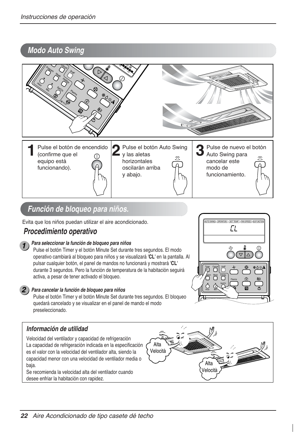 Modo auto swing función de bloqueo para niños, Procedimiento operativo, Información de utilidad | Alta velocità alta velocità | LG MT12AH User Manual | Page 78 / 480