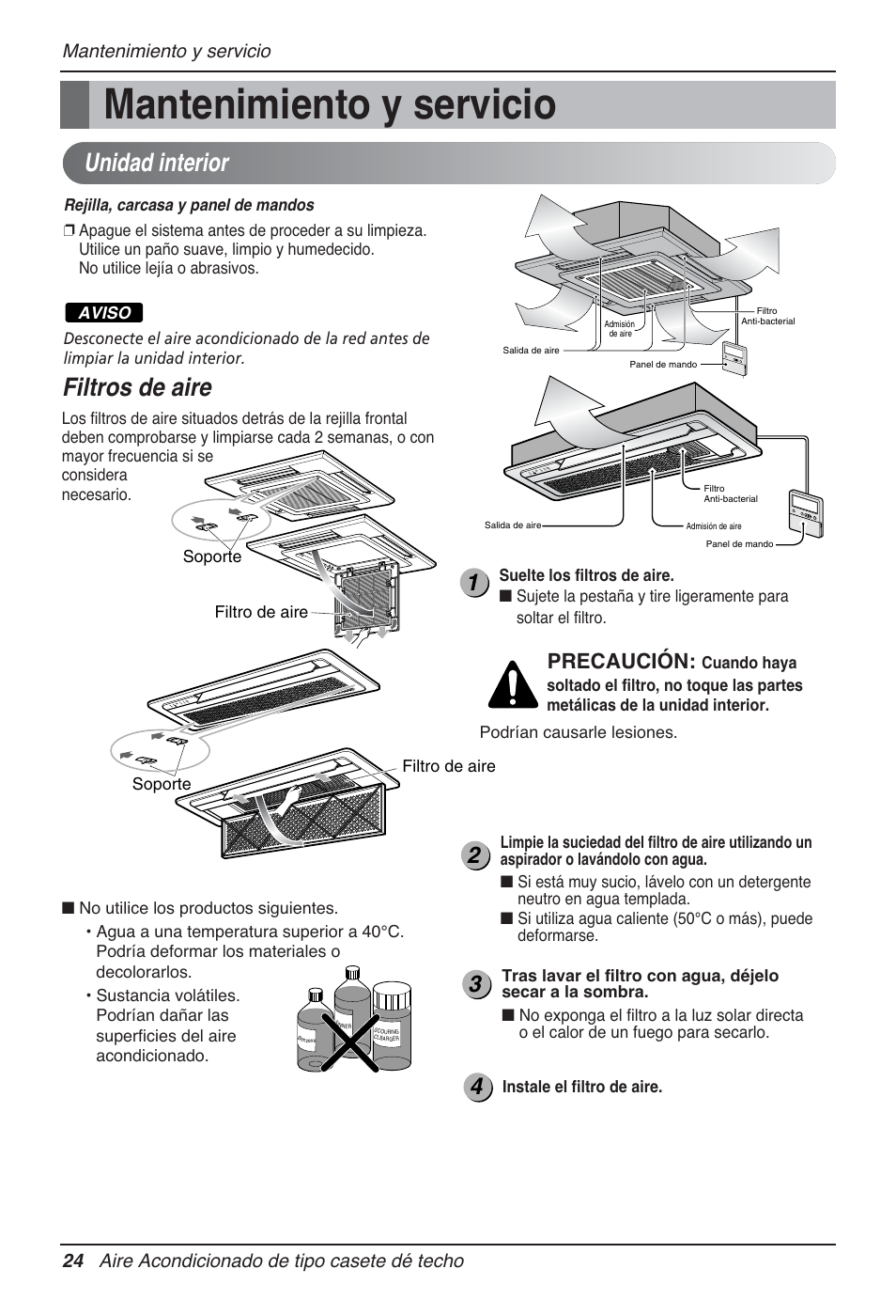 Mantenimiento y servicio, Unidad interior, Filtros de aire | Precaución | LG MT12AH User Manual | Page 80 / 480
