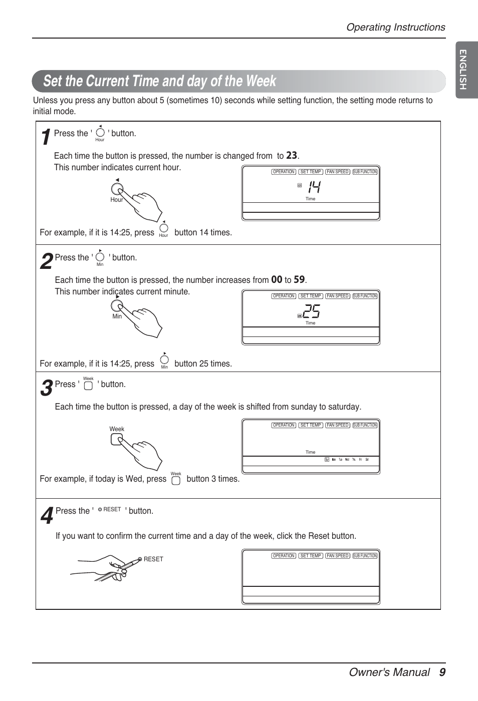 Set the current time and day of the week, Owner's manual 9, Operating instructions | English | LG MT12AH User Manual | Page 9 / 480