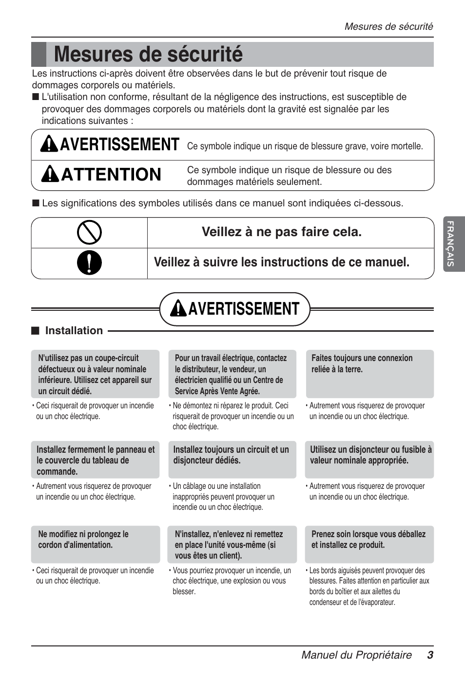 Mesures de sécurité, Avertissement attention, Avertissement | LG MT12AH User Manual | Page 91 / 480