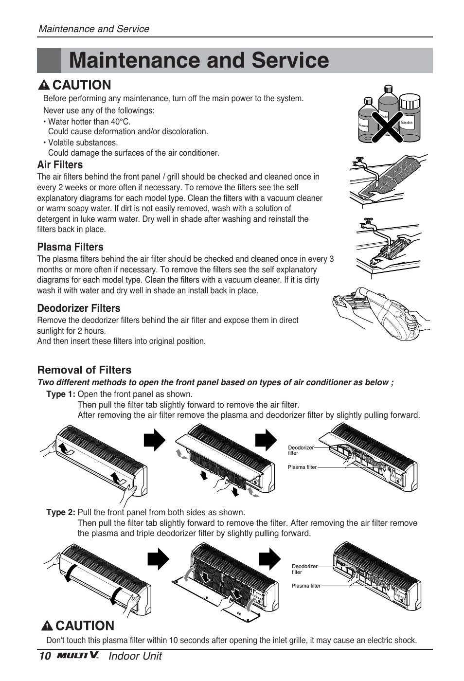 Maintenance and service, 10 indoor unit, Air filters | Plasma filters, Deodorizer filters, Removal of filters | LG ARNU09GSEL2 User Manual | Page 10 / 205