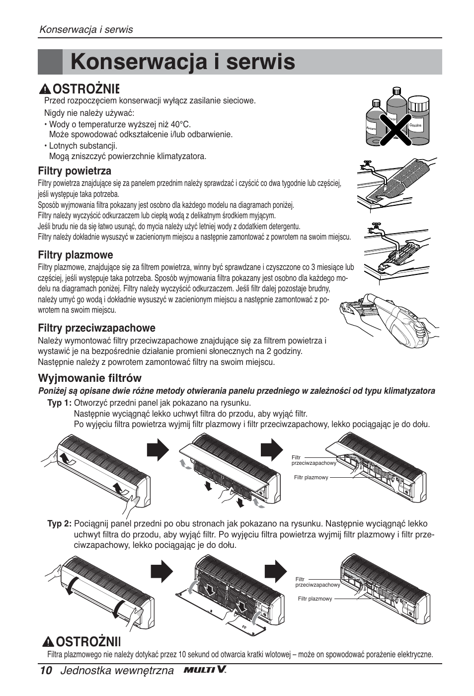 Konserwacja i serwis, Ostrożnie, 10 jednostka wewnętrzna | Filtry powietrza, Filtry plazmowe, Filtry przeciwzapachowe, Wyjmowanie filtrów | LG ARNU09GSEL2 User Manual | Page 106 / 205