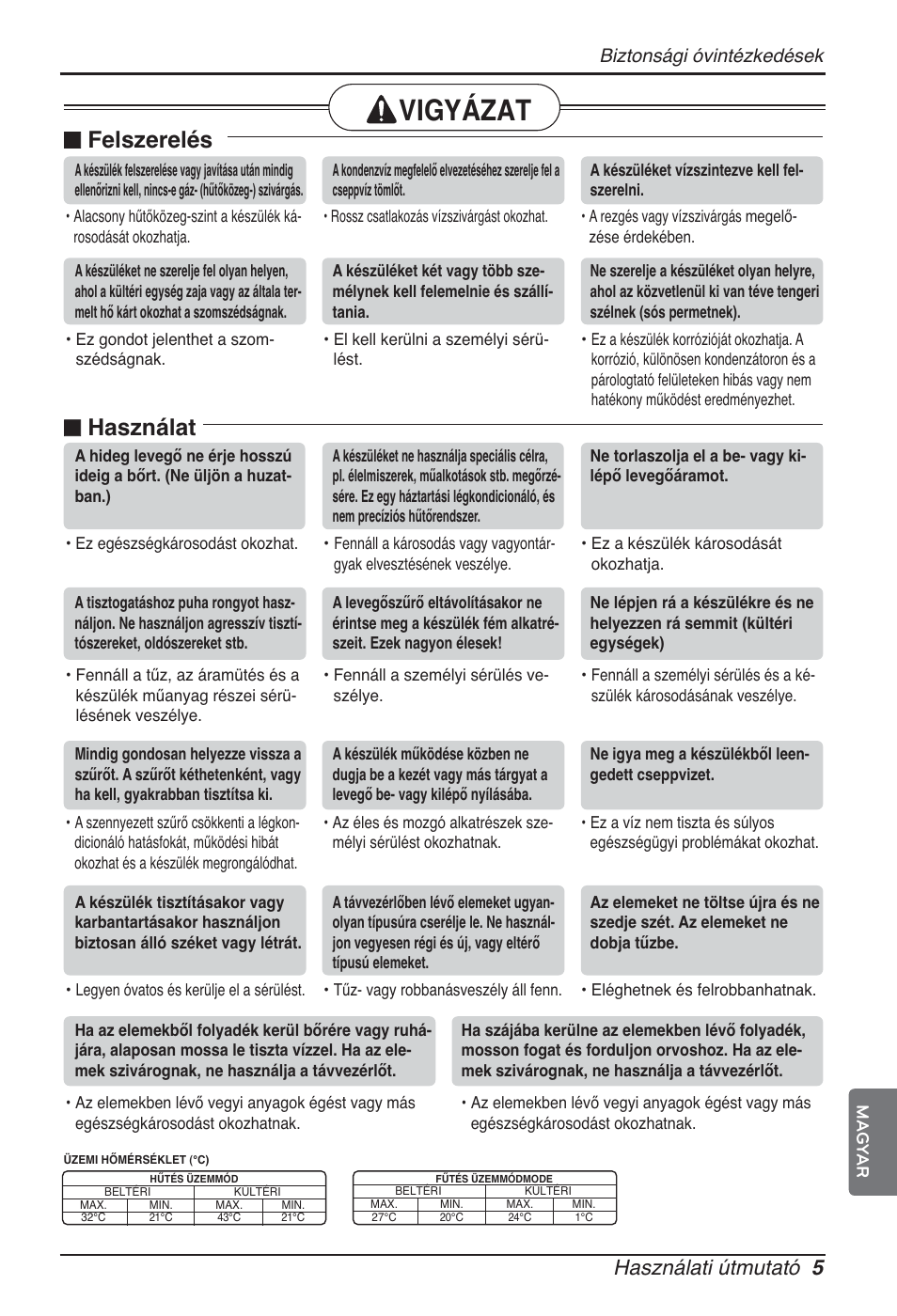 Vigyázat, Felszerelés, Használat | Használati útmutató 5, Biztonsági óvintézkedések | LG ARNU09GSEL2 User Manual | Page 113 / 205