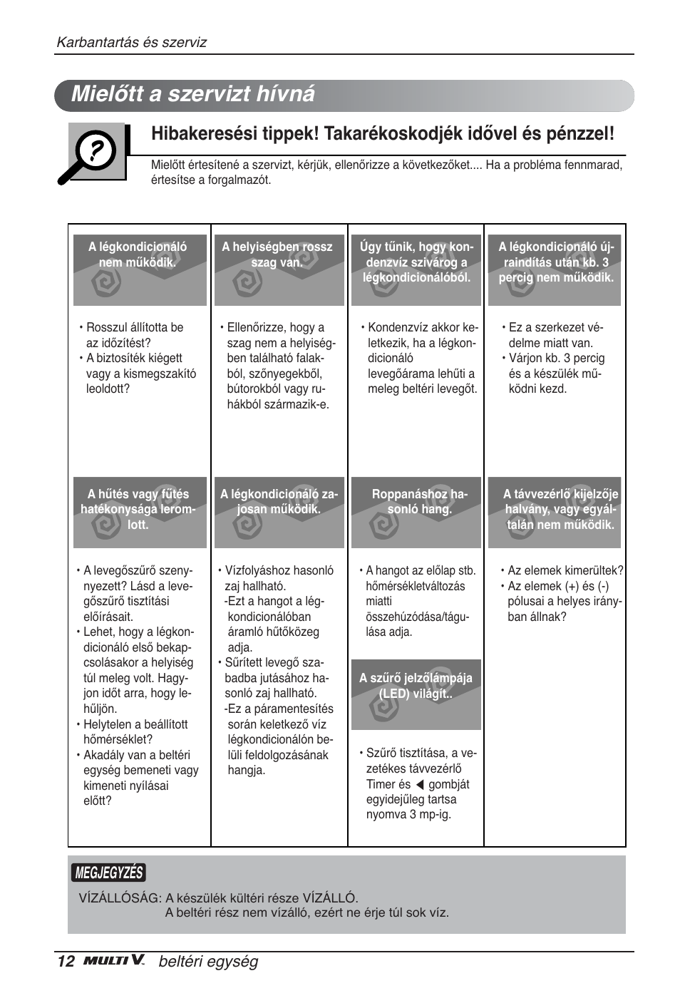 Mielőtt a szervizt hívná, 12 beltéri egység, Megjegyzés | LG ARNU09GSEL2 User Manual | Page 120 / 205