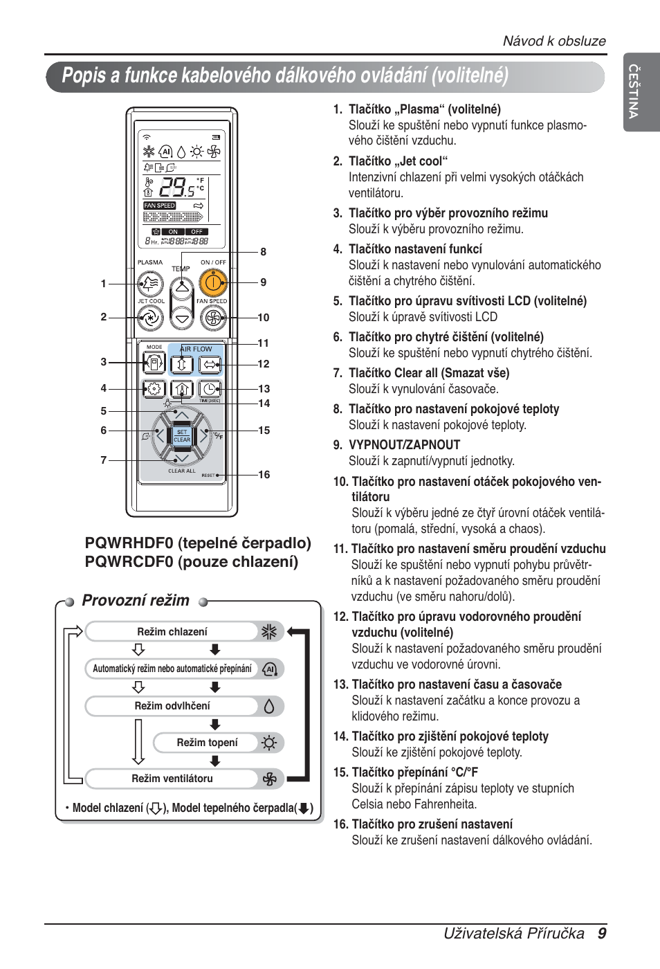 Provozní režim, Uživatelská příručka 9 | LG ARNU09GSEL2 User Manual | Page 129 / 205