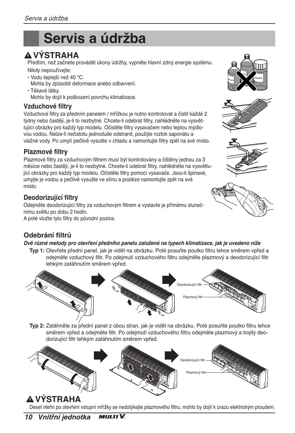 Servis a údržba, Výstraha, 10 vnitřní jednotka | Vzduchové filtry, Plazmové filtry, Deodorizující filtry, Odebrání filtrů | LG ARNU09GSEL2 User Manual | Page 130 / 205