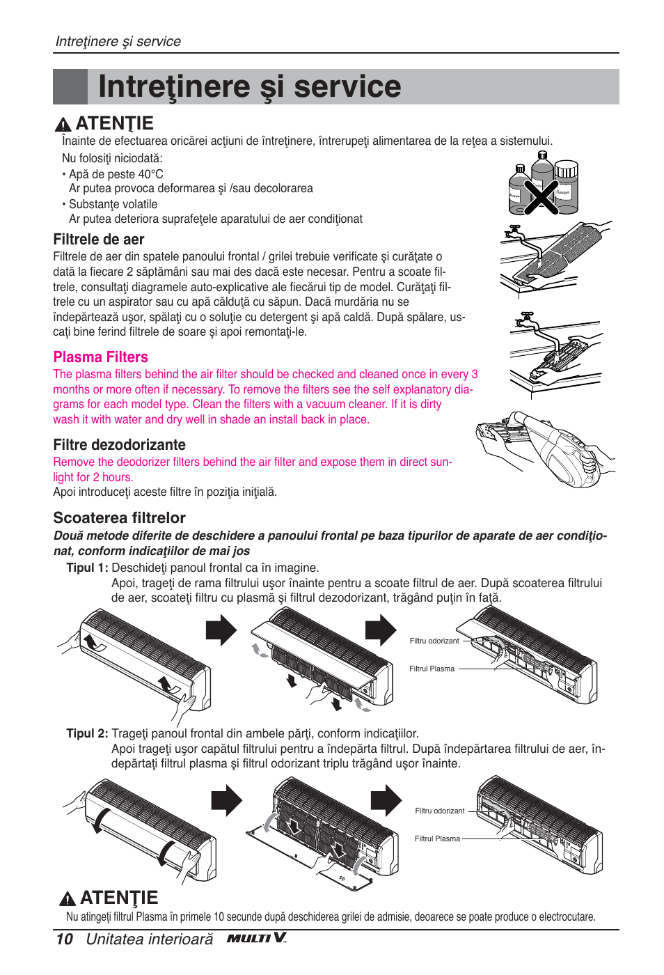 Intreţinere şi service, Atenţie, 10 unitatea interioară | Filtrele de aer, Plasma filters, Filtre dezodorizante, Scoaterea filtrelor | LG ARNU09GSEL2 User Manual | Page 142 / 205