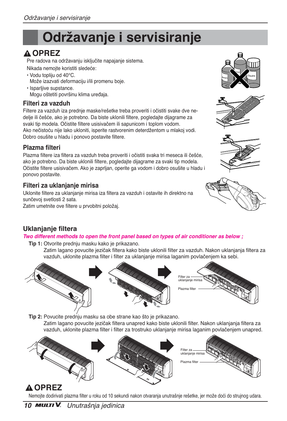 Održavanje i servisiranje, Oprez, 10 unutrašnja jedinica | Filteri za vazduh, Plazma filteri, Filteri za uklanjanje mirisa, Uklanjanje filtera | LG ARNU09GSEL2 User Manual | Page 166 / 205