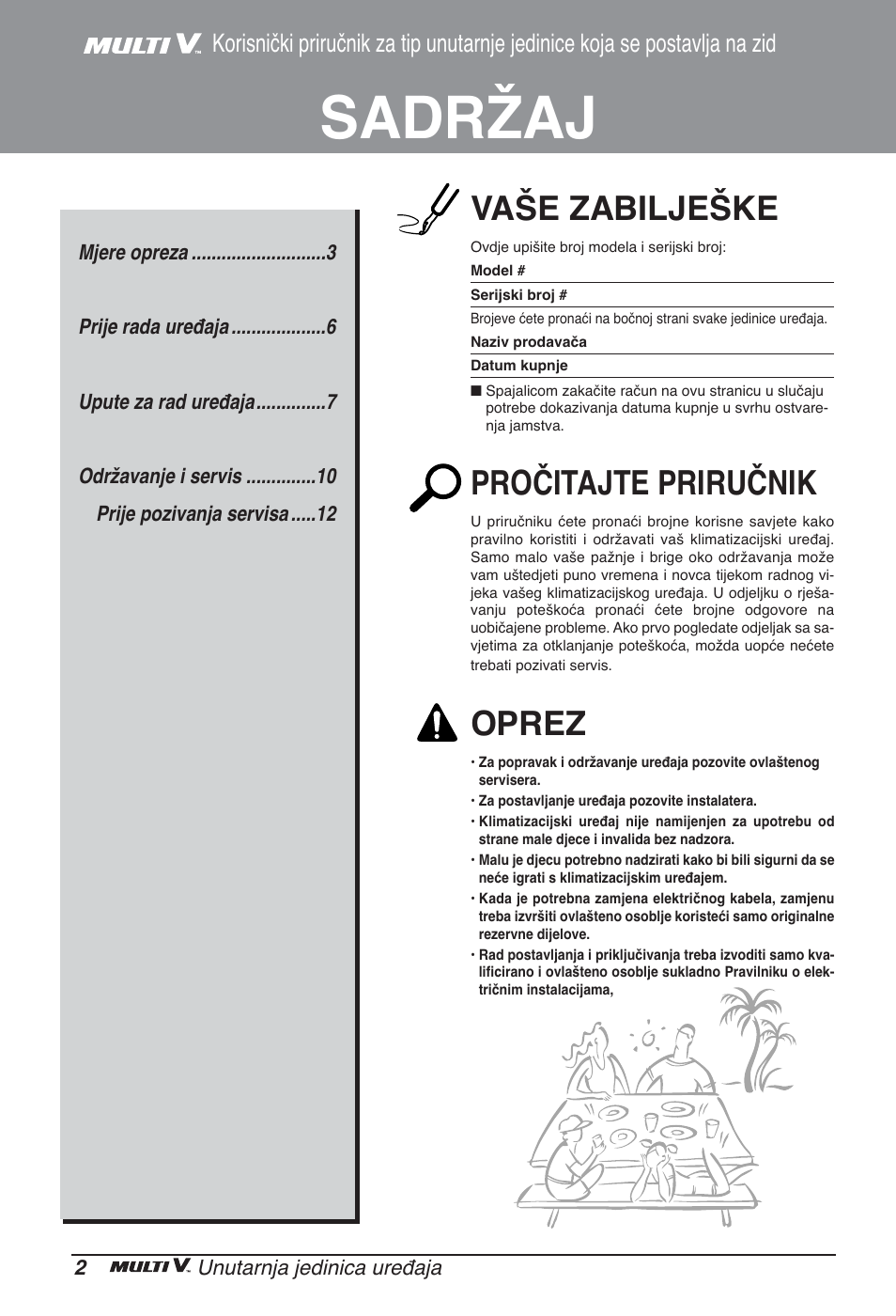 Sadržaj, Vaše zabilješke, Pročitajte priručnik | Oprez | LG ARNU09GSEL2 User Manual | Page 170 / 205