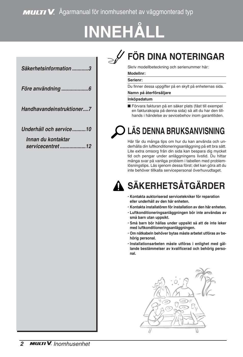 Innehåll, Läs denna bruksanvisning, Säkerhetsåtgärder | Ägarmanual för inomhusenhet av väggmonterad typ | LG ARNU09GSEL2 User Manual | Page 182 / 205