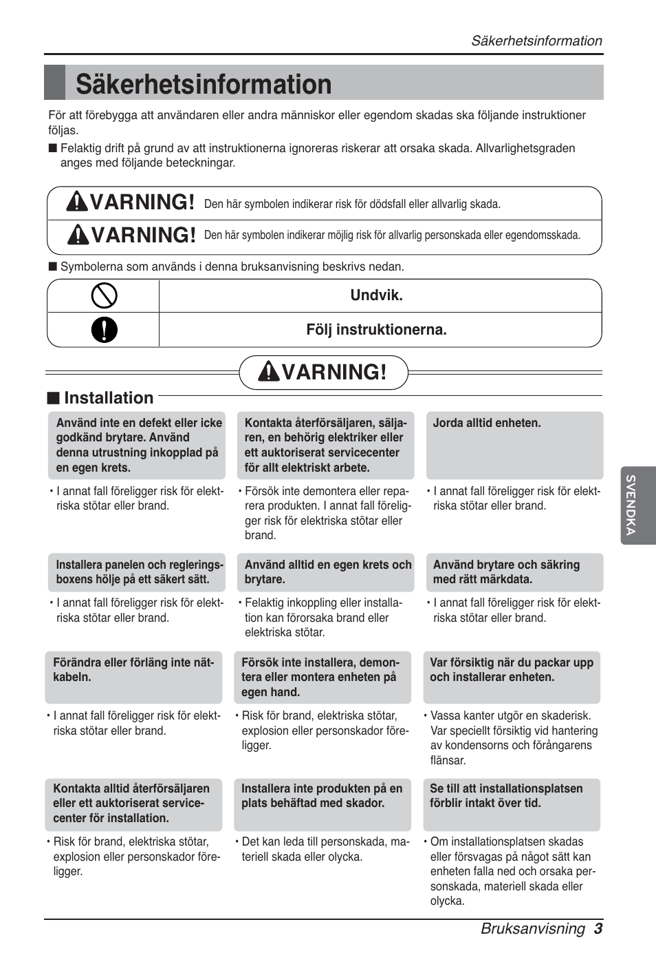 Säkerhetsinformation, Varning, Installation | LG ARNU09GSEL2 User Manual | Page 183 / 205
