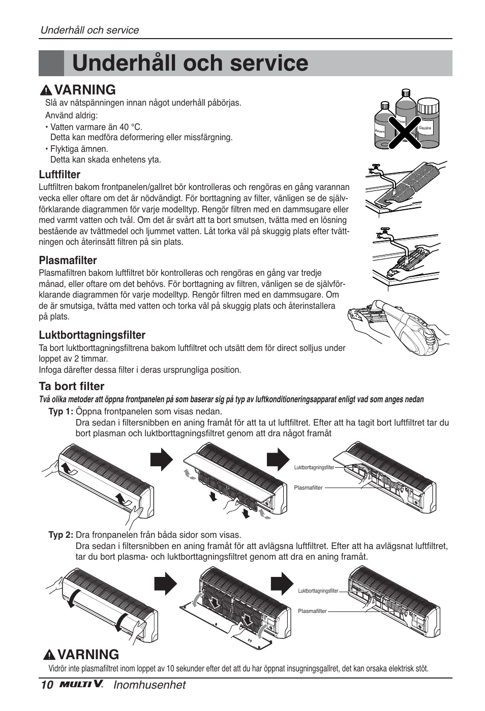 Underhåll och service, Varning, 10 inomhusenhet | Luftfilter, Plasmafilter, Luktborttagningsfilter, Ta bort filter | LG ARNU09GSEL2 User Manual | Page 190 / 205