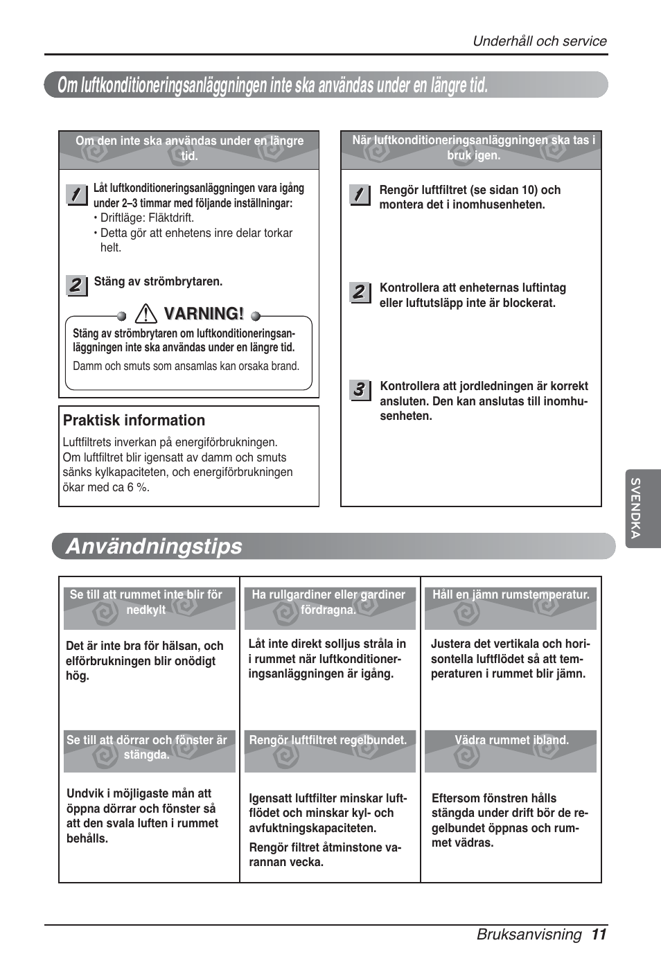 Varning, Bruksanvisning 11, Praktisk information | LG ARNU09GSEL2 User Manual | Page 191 / 205