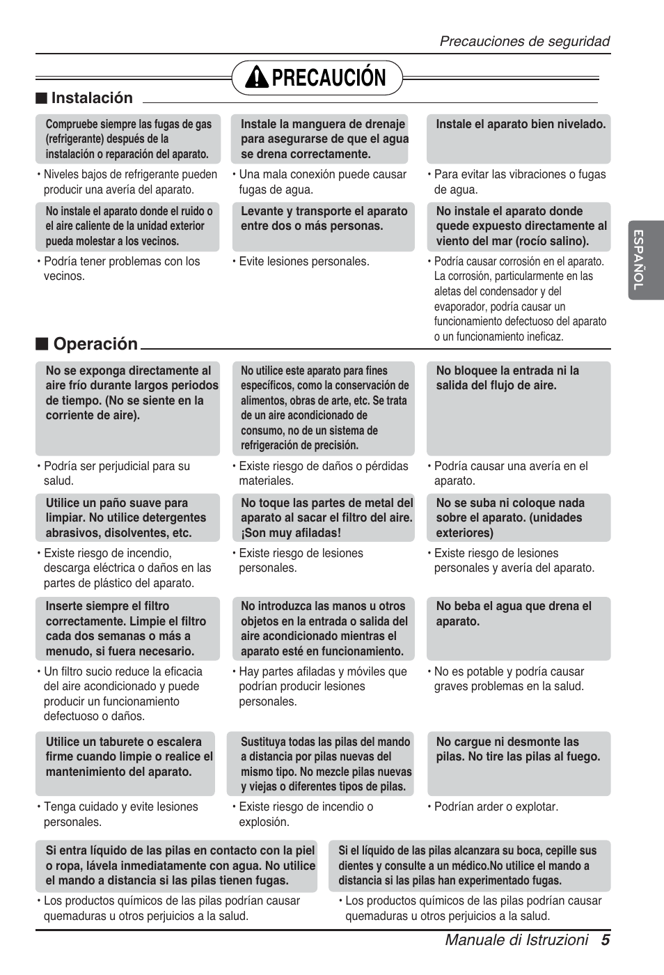 Precaución, Operación, Manuale di istruzioni 5 | Instalación | LG ARNU09GSEL2 User Manual | Page 29 / 205