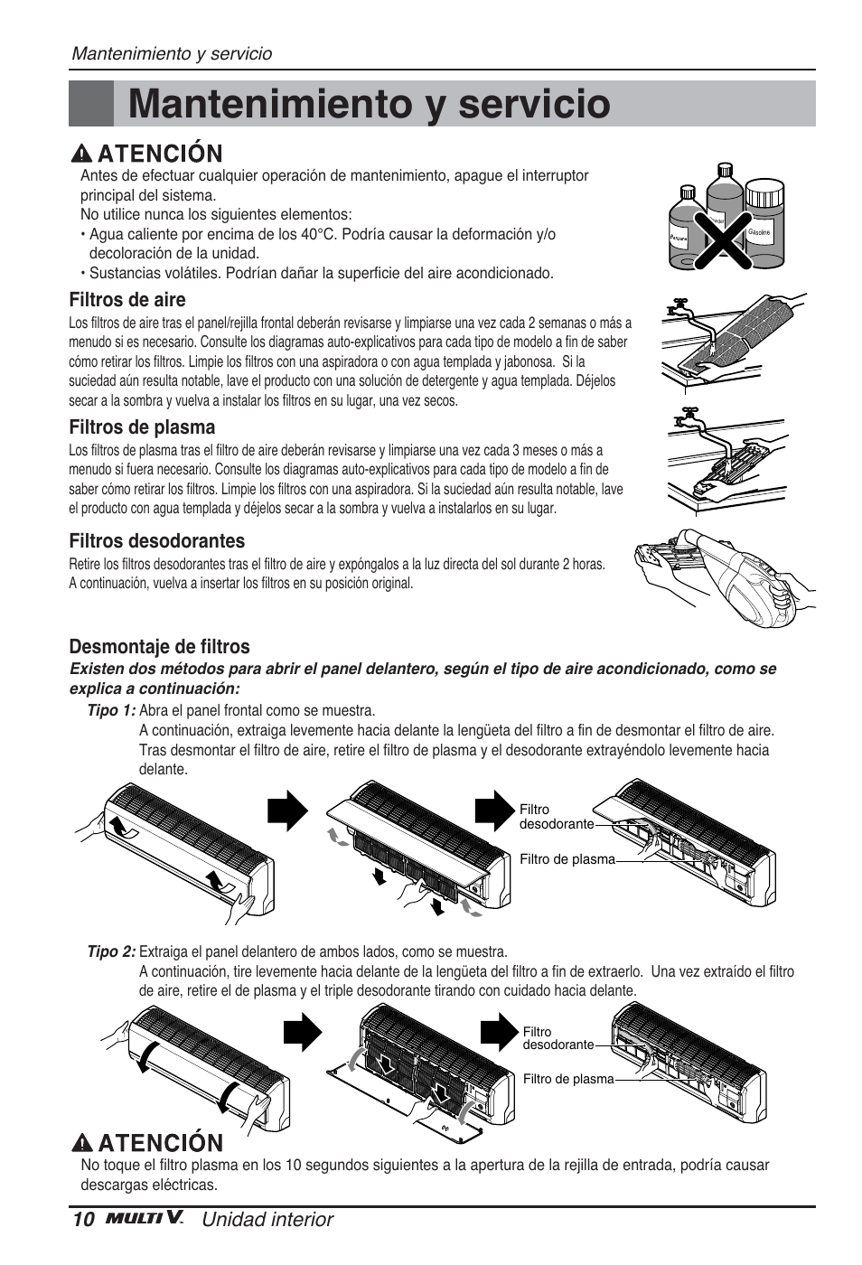 Mantenimiento y servicio, 10 unidad interior, Filtros de aire | Filtros de plasma, Filtros desodorantes, Desmontaje de filtros | LG ARNU09GSEL2 User Manual | Page 34 / 205