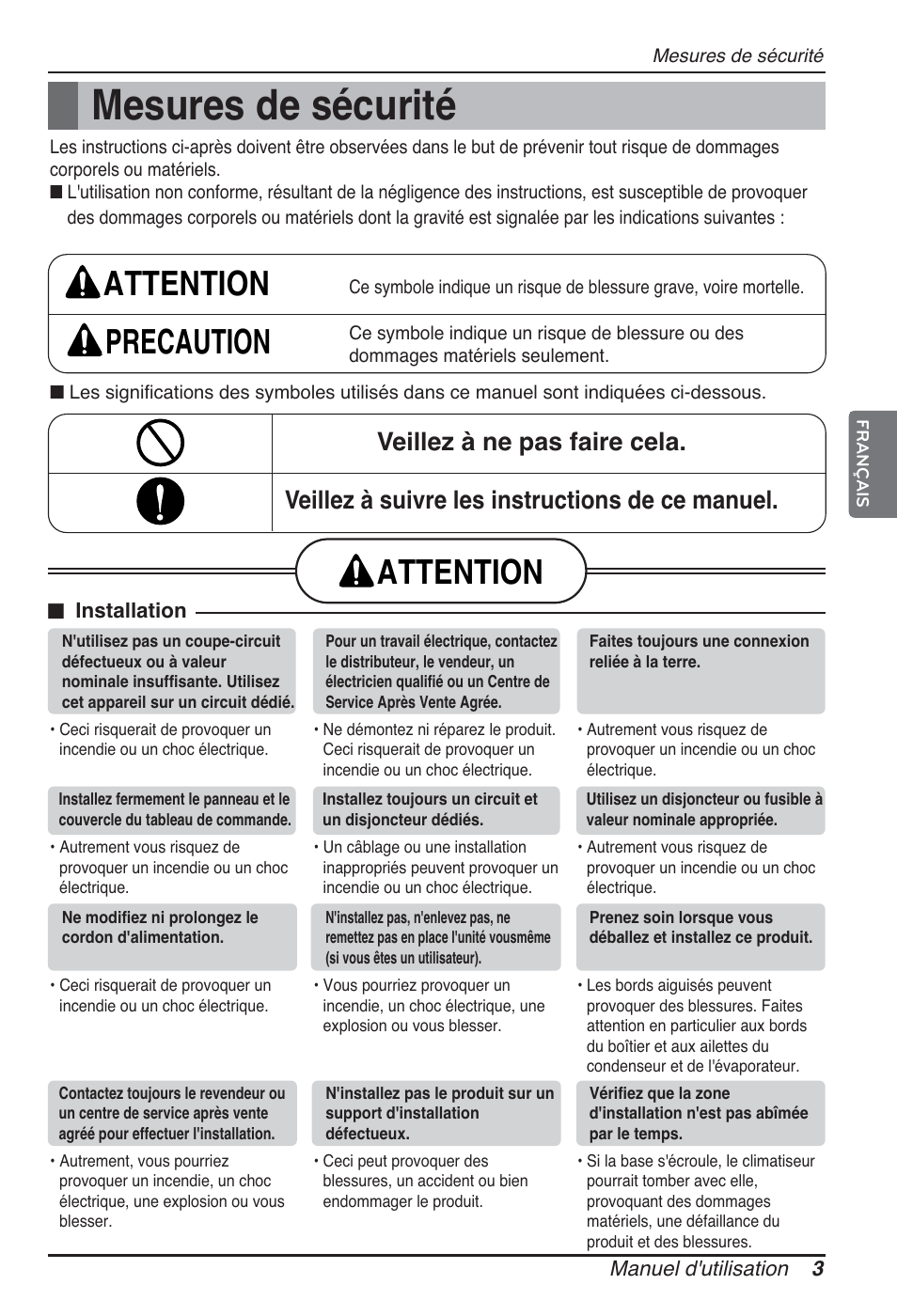 Mesures de sécurité, Attention precaution, Attention | LG ARNU09GSEL2 User Manual | Page 39 / 205