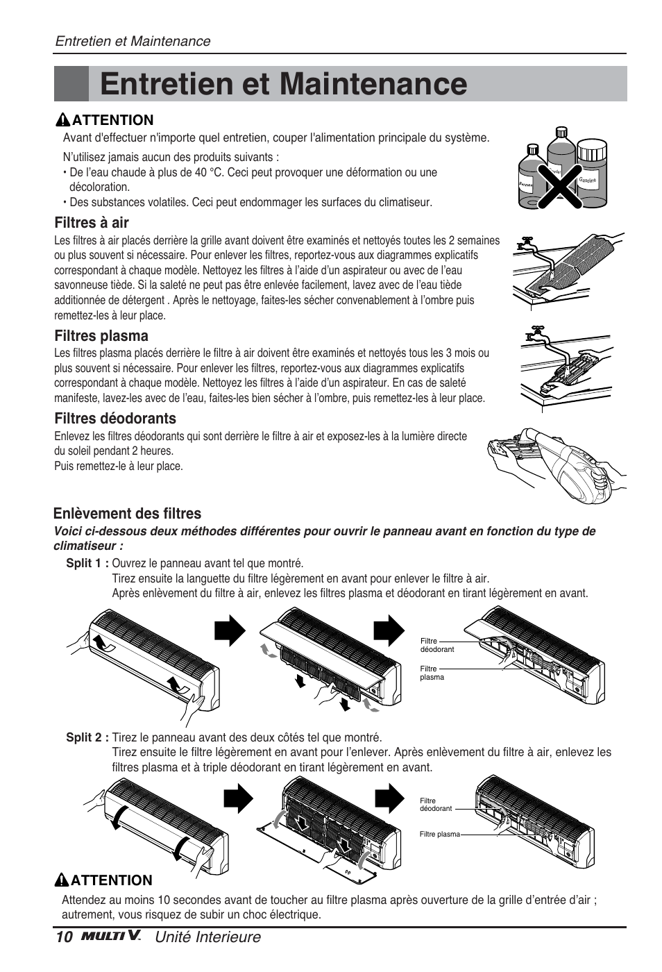 Entretien et maintenance, 10 unité interieure, Filtres à air | Filtres plasma, Filtres déodorants, Enlèvement des filtres | LG ARNU09GSEL2 User Manual | Page 46 / 205