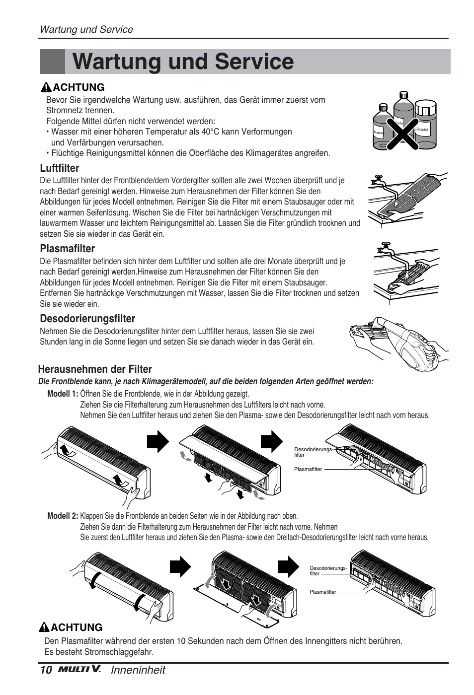 Wartung und service, 10 inneninheit, Luftfilter | Plasmafilter, Desodorierungsfilter, Herausnehmen der filter | LG ARNU09GSEL2 User Manual | Page 58 / 205