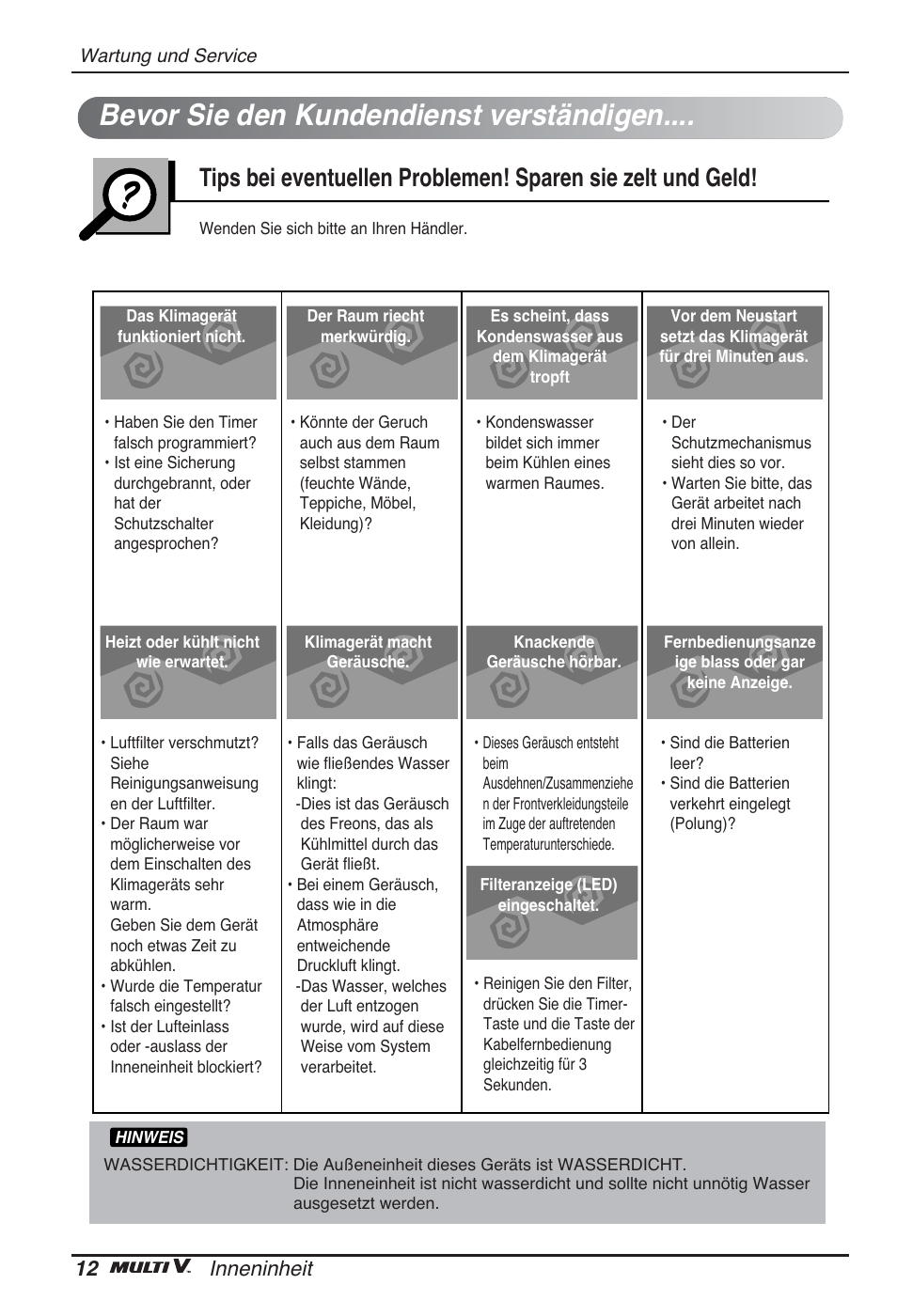 Bevor sie den kundendienst verständigen, 12 inneninheit | LG ARNU09GSEL2 User Manual | Page 60 / 205