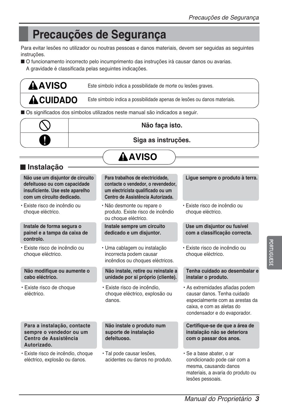 Precauções de segurança, Aviso cuidado, Aviso | Instalação | LG ARNU09GSEL2 User Manual | Page 75 / 205